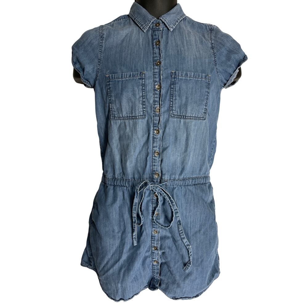 Y2K Silver Jeans Chambray Shirt Dress XS Blue Short Sleeve Cotton Blend Western